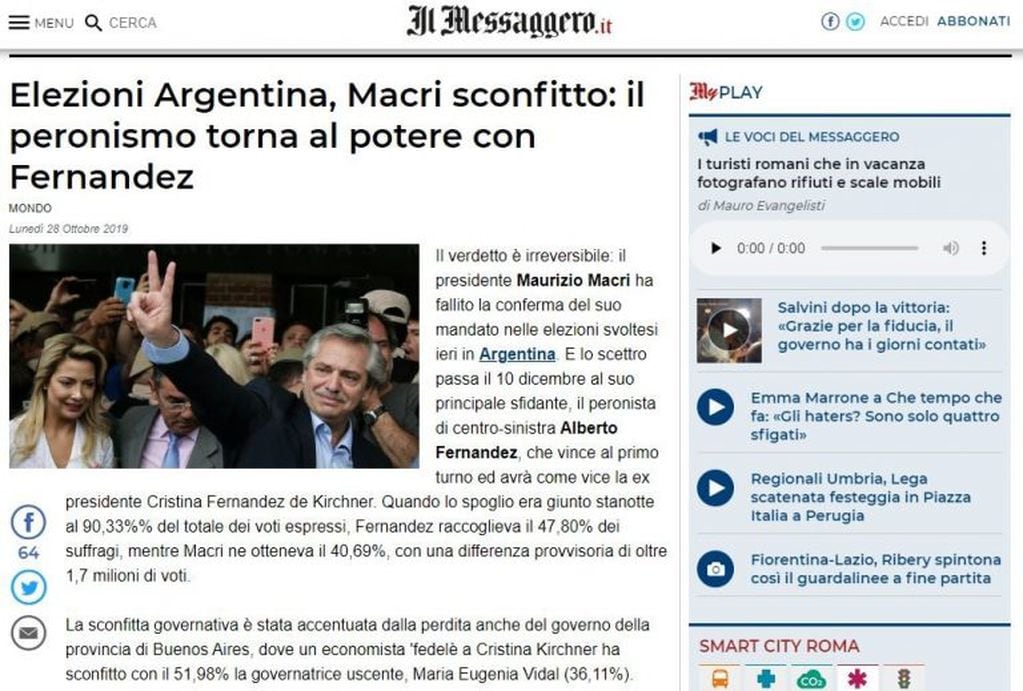 Il Messaggero: "Elecciones Argentinas, Macri derrotado: el peronismo vuelve al poder con Fernández".