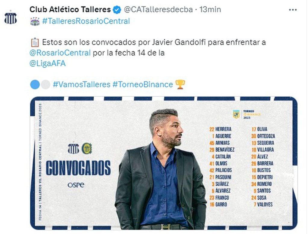 Talleres, con Diego Valoyes y Ramón Sosa adentro, pero sin Francisco Pizzini.