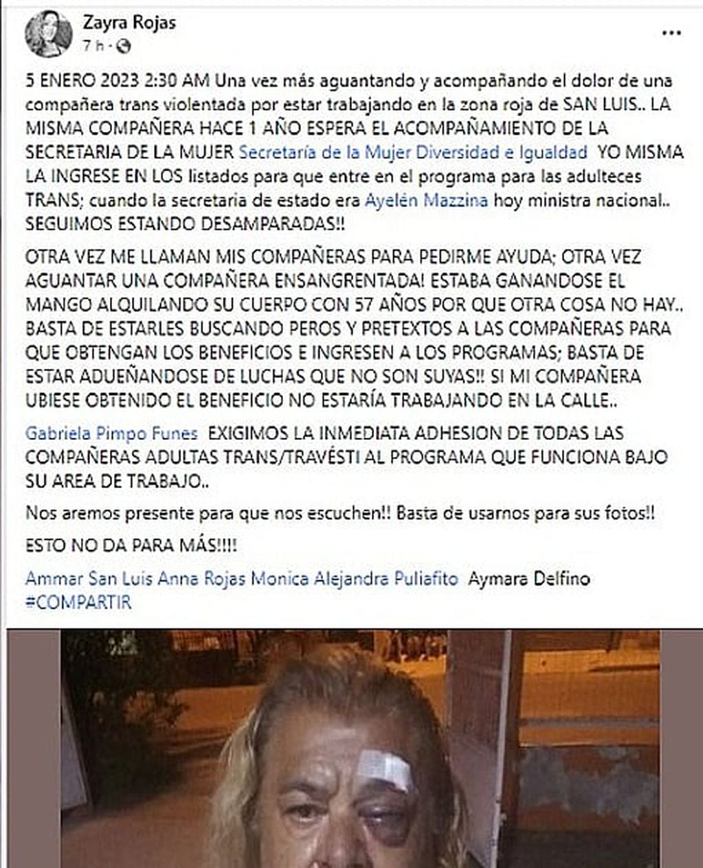 Posteo de la amiga de Victoria Díaz, la trabajadora trans víctima de la violencia.