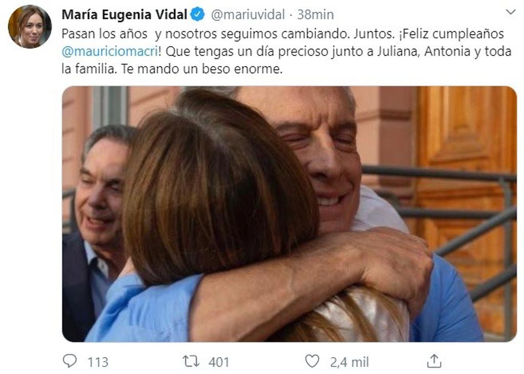 El mensaje de María Eugenia Vidal. (Twitter)