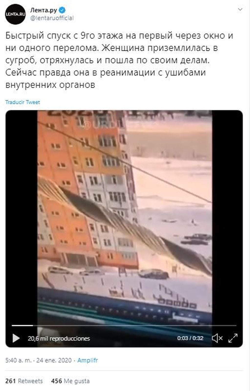 Un usuario mostró en Twitter cómo una mujer cayó de un noveno piso y salió ilesa (Foto: Captura Twitter/ @lentaruofficial)