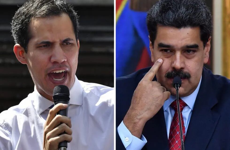 TOPSHOT - (COMBO) This combination of pictures created on January 25, 2019 shows Venezuela's National Assembly head Juan Guaido (L) speaking to opposition supporters at the Central University of Caracas (UCV) in Caracas, on January 21, 2019 and Venezuelan President Nicolas Maduro offering a press conference in Caracas, on January 25, 2019. - Venezuela's opposition leader and self-proclaimed \