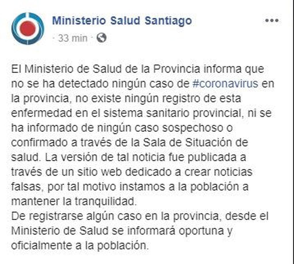 Cuenta de Facebook del Ministerio de Salud de Santiago del Estero.