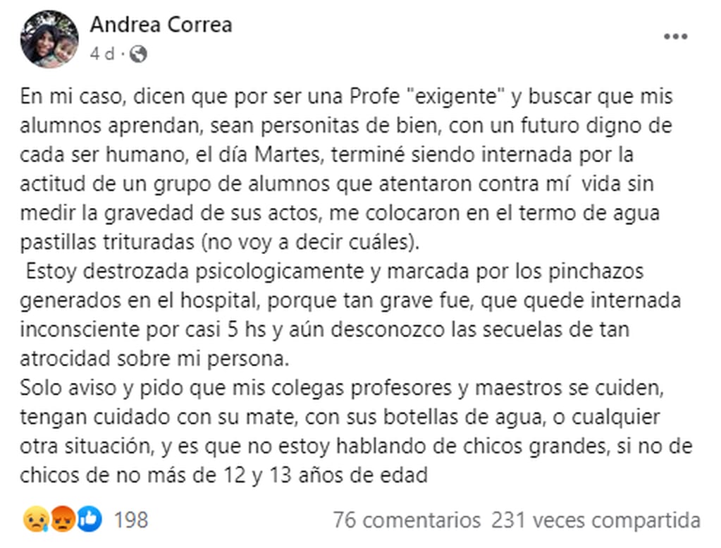 El duro descargo de Andrea Soledad Correa, la profesora que fue internada.
