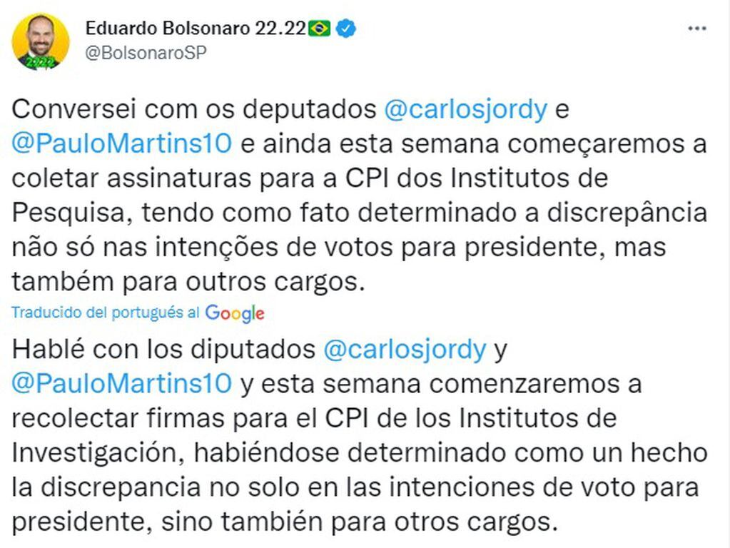 El tuit de Eduardo Bolsonaro