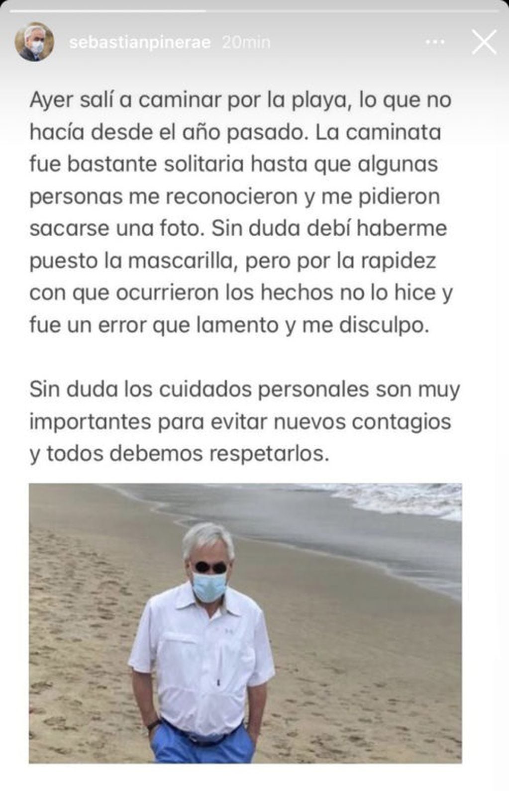 Sebastián Piñera paseó por la playa sin barbijo y estalló el escándalo en Chile. / Gentileza