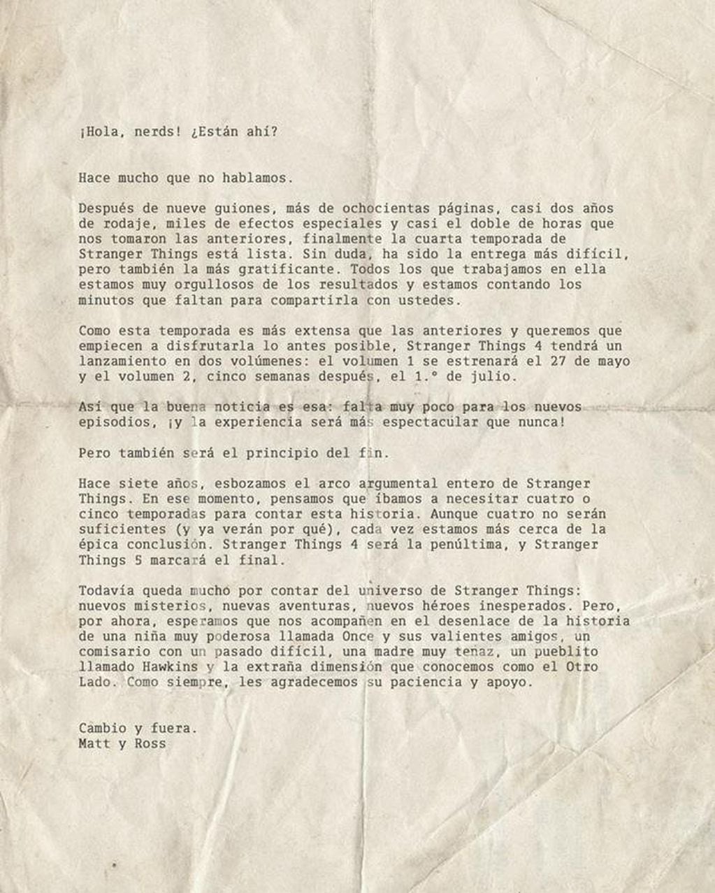 Carta de los hermanos Duffer anunciando el estreno de la cuarta temporada de Stranger things.