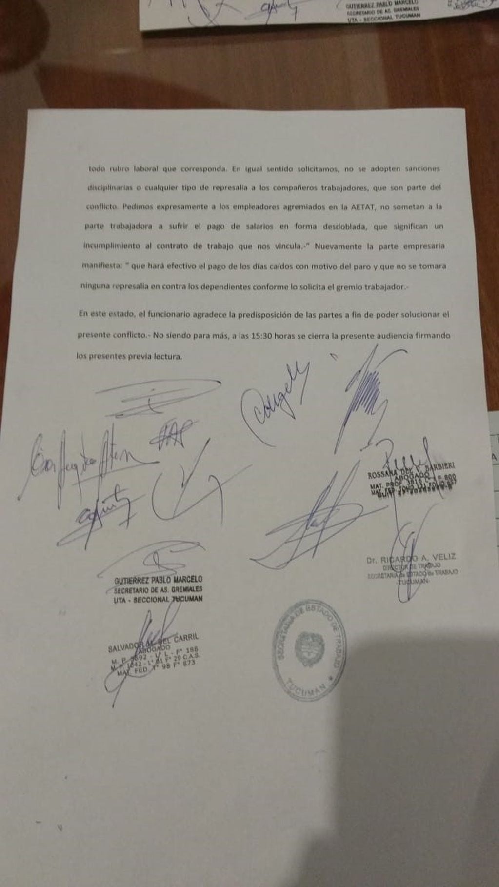El acta firmada para destrabar el conflicto del transporte. (Vía Tucumán)