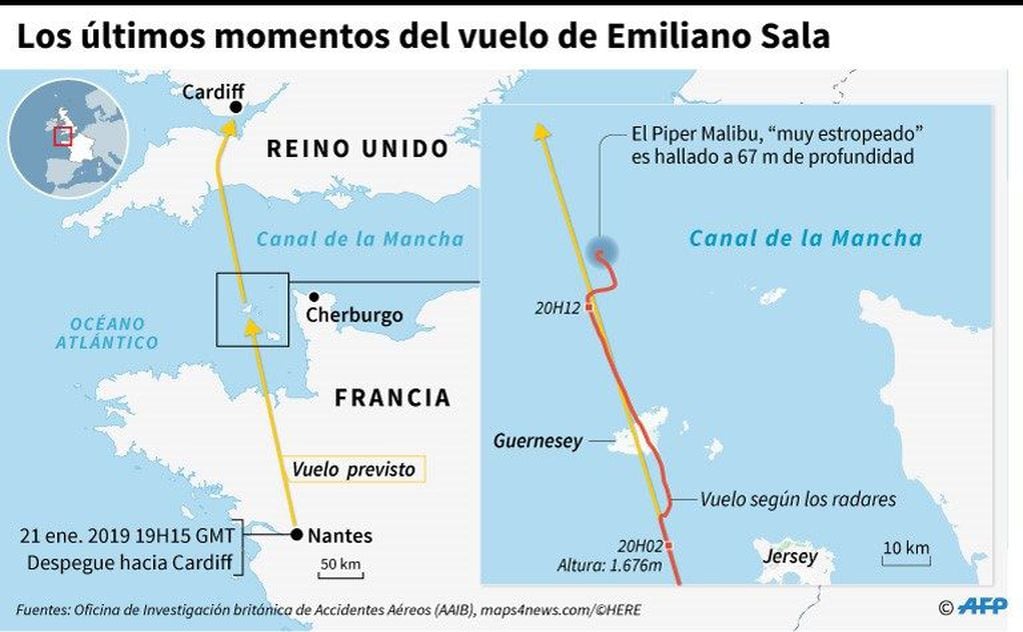 Mapa del Canal de la Mancha con el trayecto de la avioneta que transportaba a Emiliano Sala. (AFP)