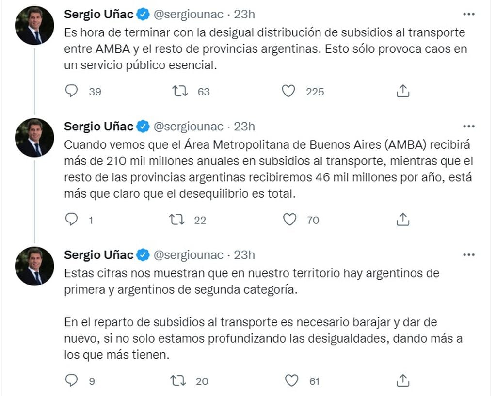 La publicación de Sergio Uñac en las redes sociales señalando la asimetría de subsidios del Transporte Público entre el AMBA y las provincias