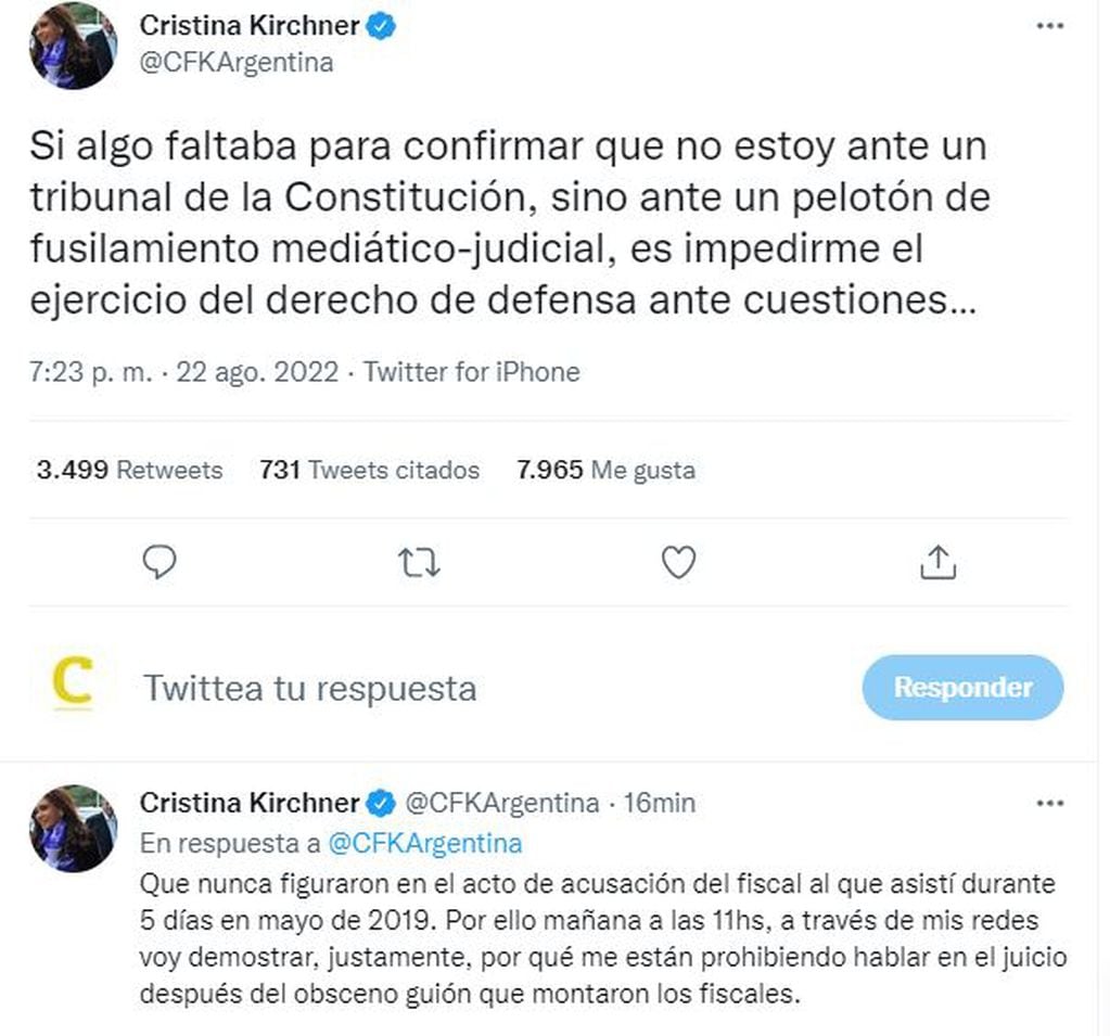 Los tuits de Cristina Kirchner tras el fallo de la fiscalía