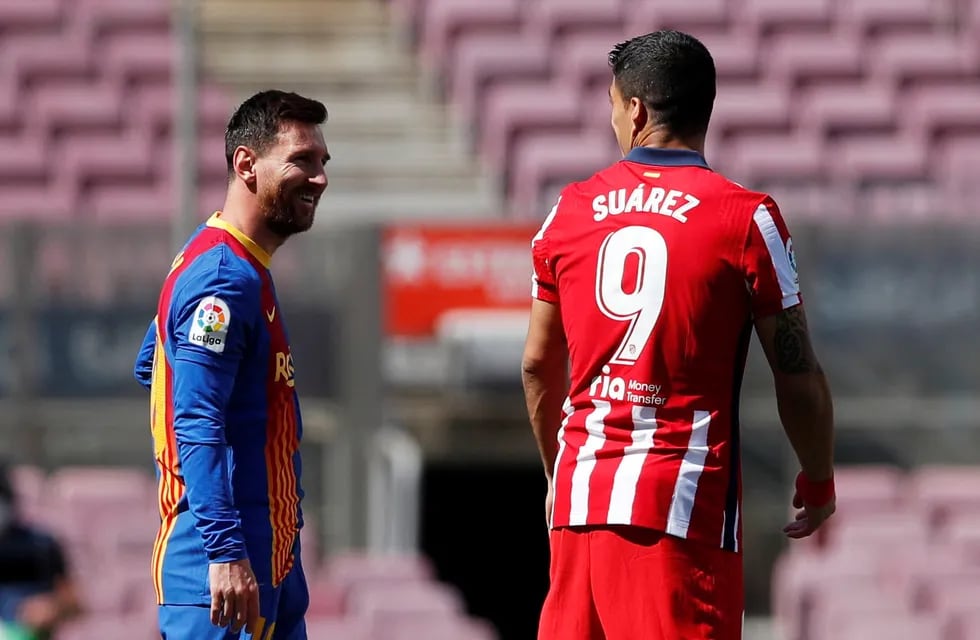 Lionel Messi y Luis Suárez en la previa del Barcelona-Atlético de Madrid.