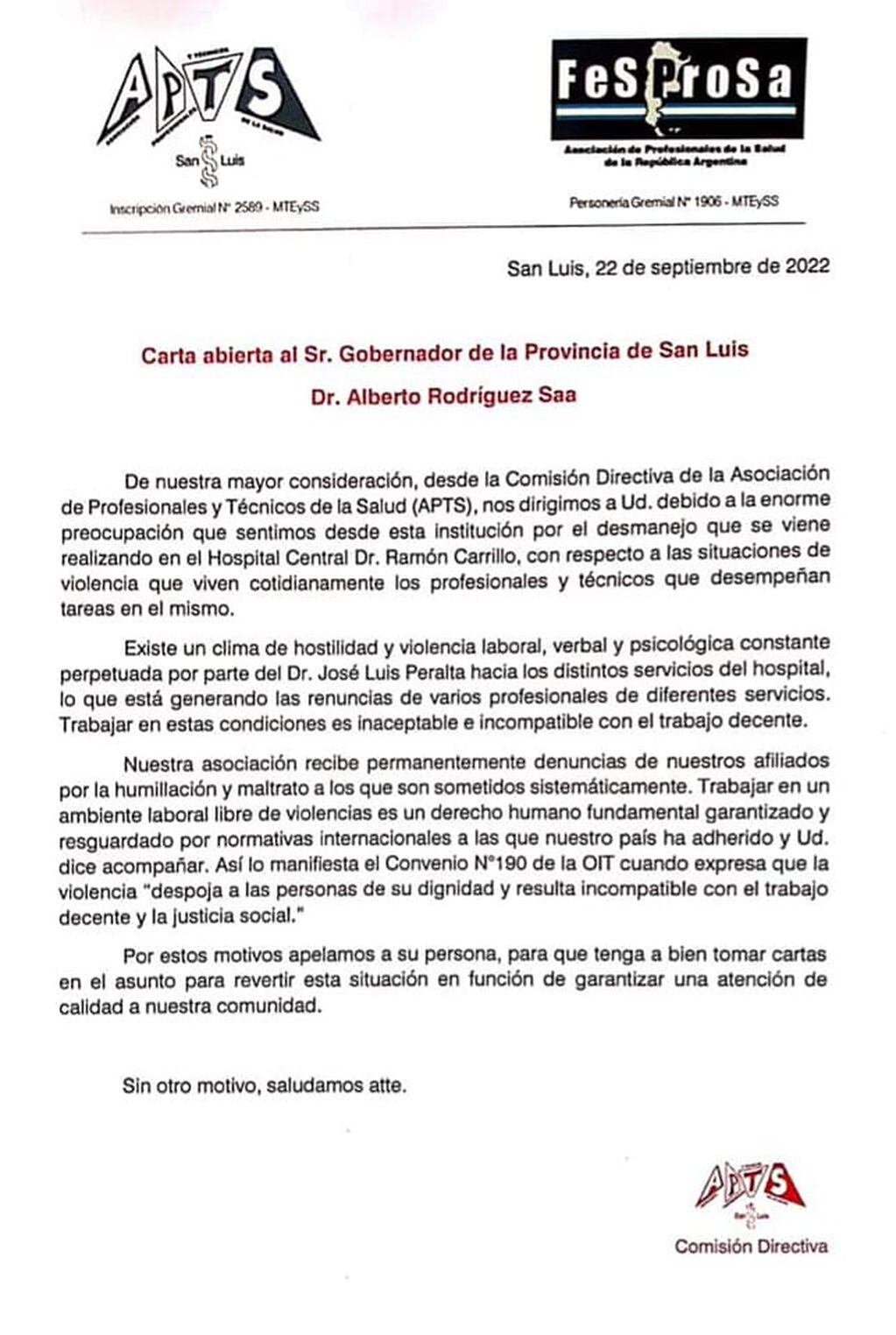 Carta Abierta de APTS a Alberto Rodríguez Saá.