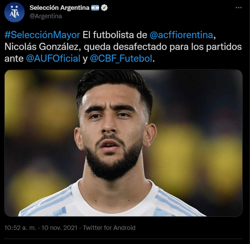 Nico González se perderá los partidos con Uruguay y Brasil