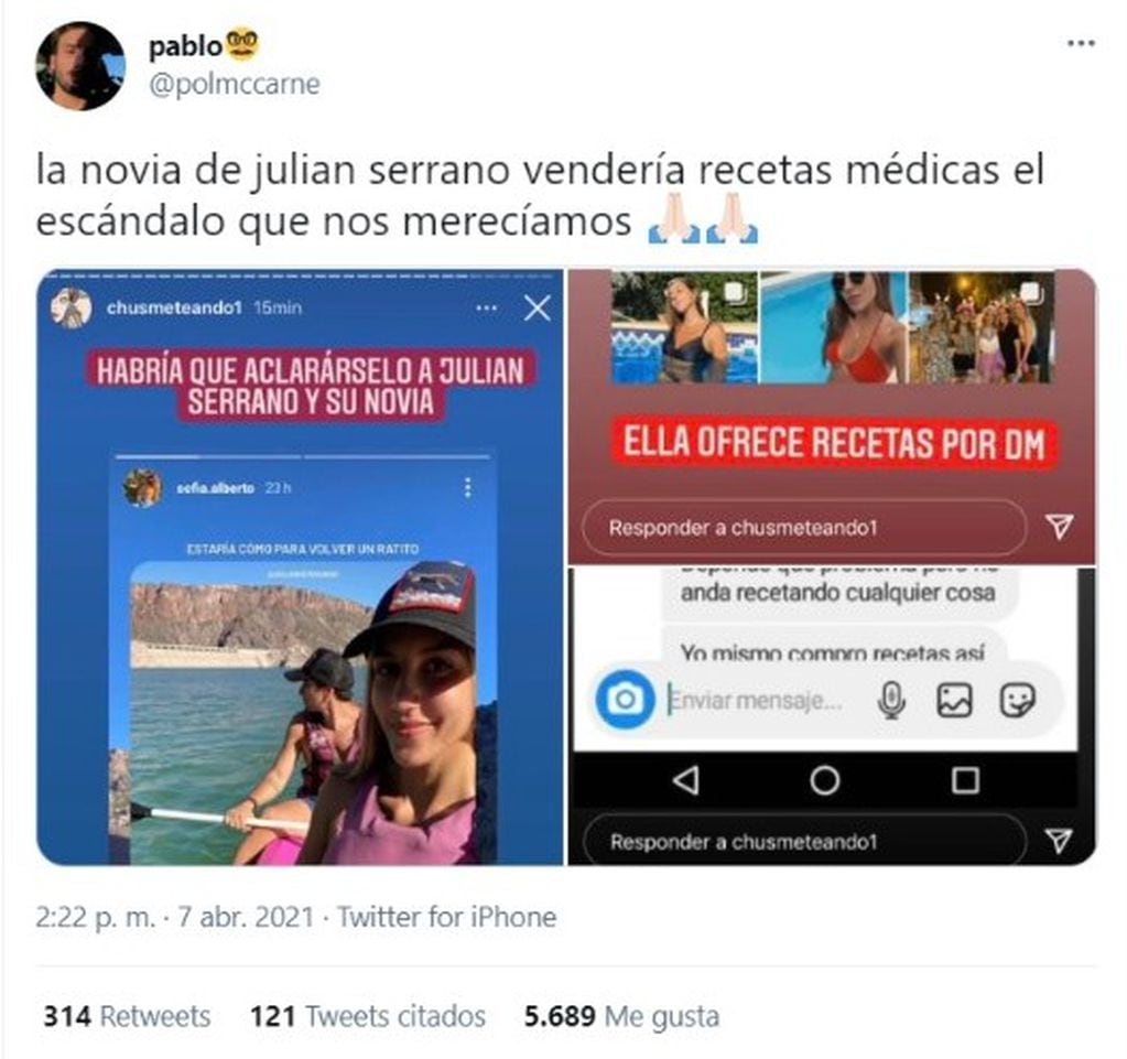 Un usuario de la red social denunció que Sofía Alberto vendería recetas médicas.