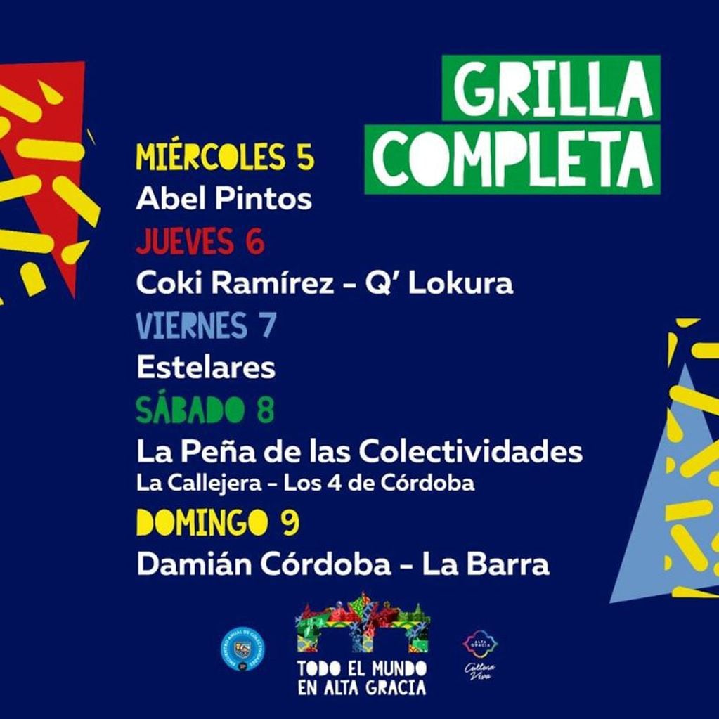 Grilla completa del XXX Encuentro Anual de Colectividades en Alta Gracia.