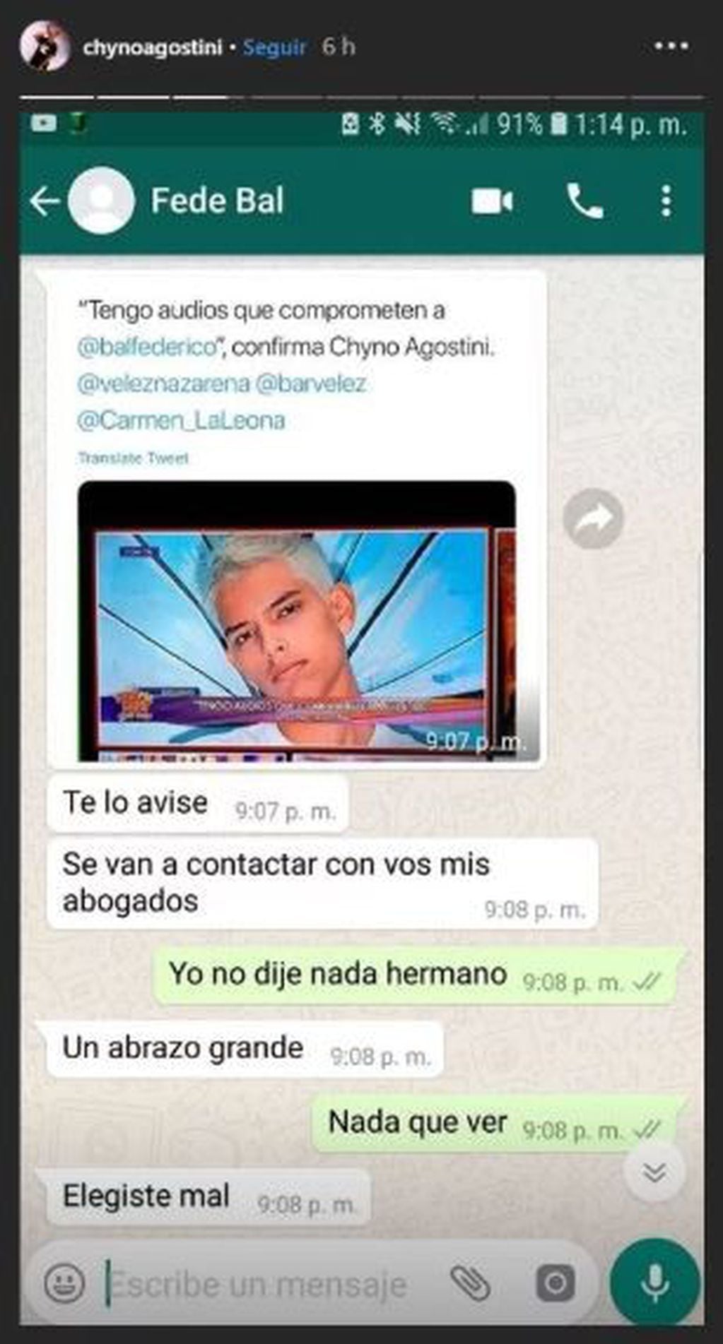 El Chyno Agostini difundió los chats que mantuvo con Fede Bal después de anunciar que iba a contar lo que sabía del hijo de Carmen Barbieri