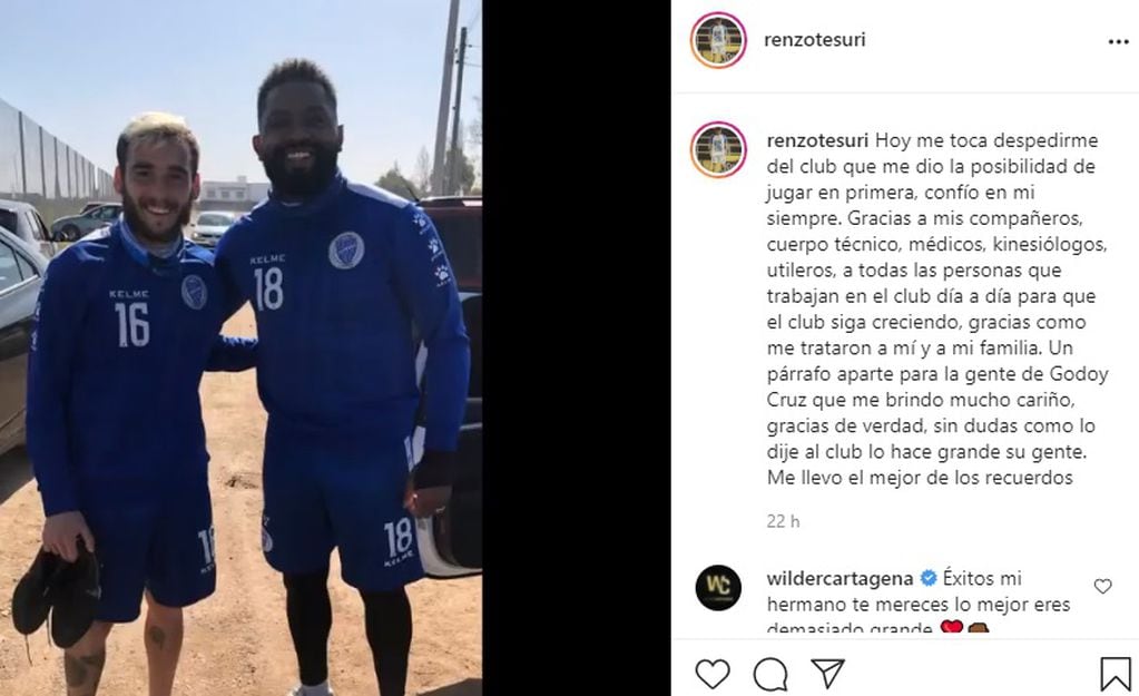 Renzo Tesuri se despidió de Godoy Cruz por medio de las redes sociales. Subió una foto junto al desaparecido goleador "Morro" García.