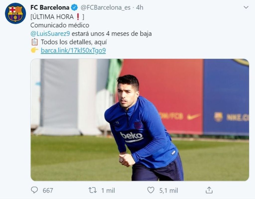 Barcelona se queda sin Luis Suárez por cuatro meses tras una operación de rodilla (Foto: captura Twitter)