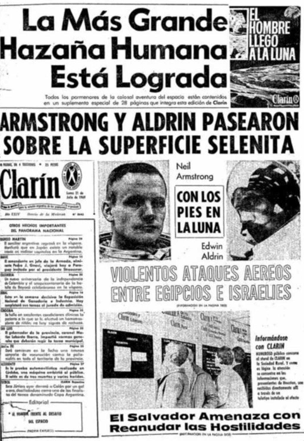 La tapa del diario Clarín del 21 de julio de 1969, con la llegada del hombre a la Luna. (Clarín)