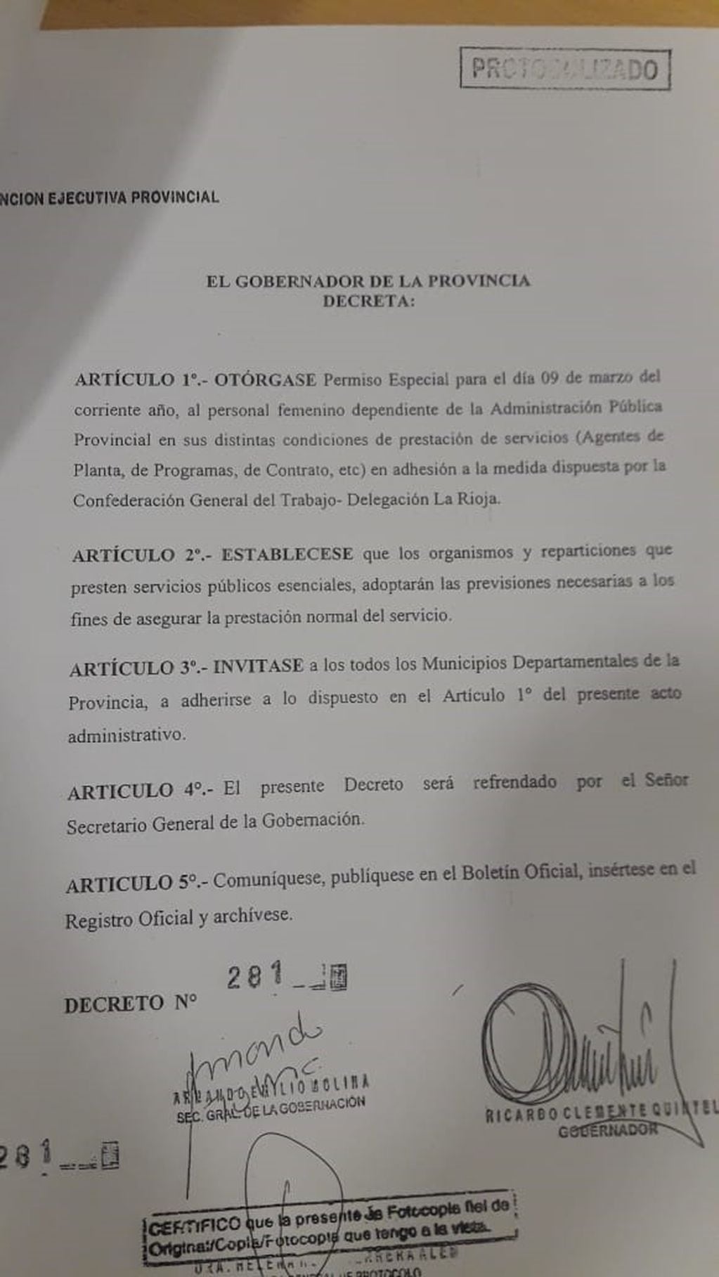 Decreto provincial 281/20 - Gobierno de La Rioja, Adhesión al Paro Internacional de Mujeres