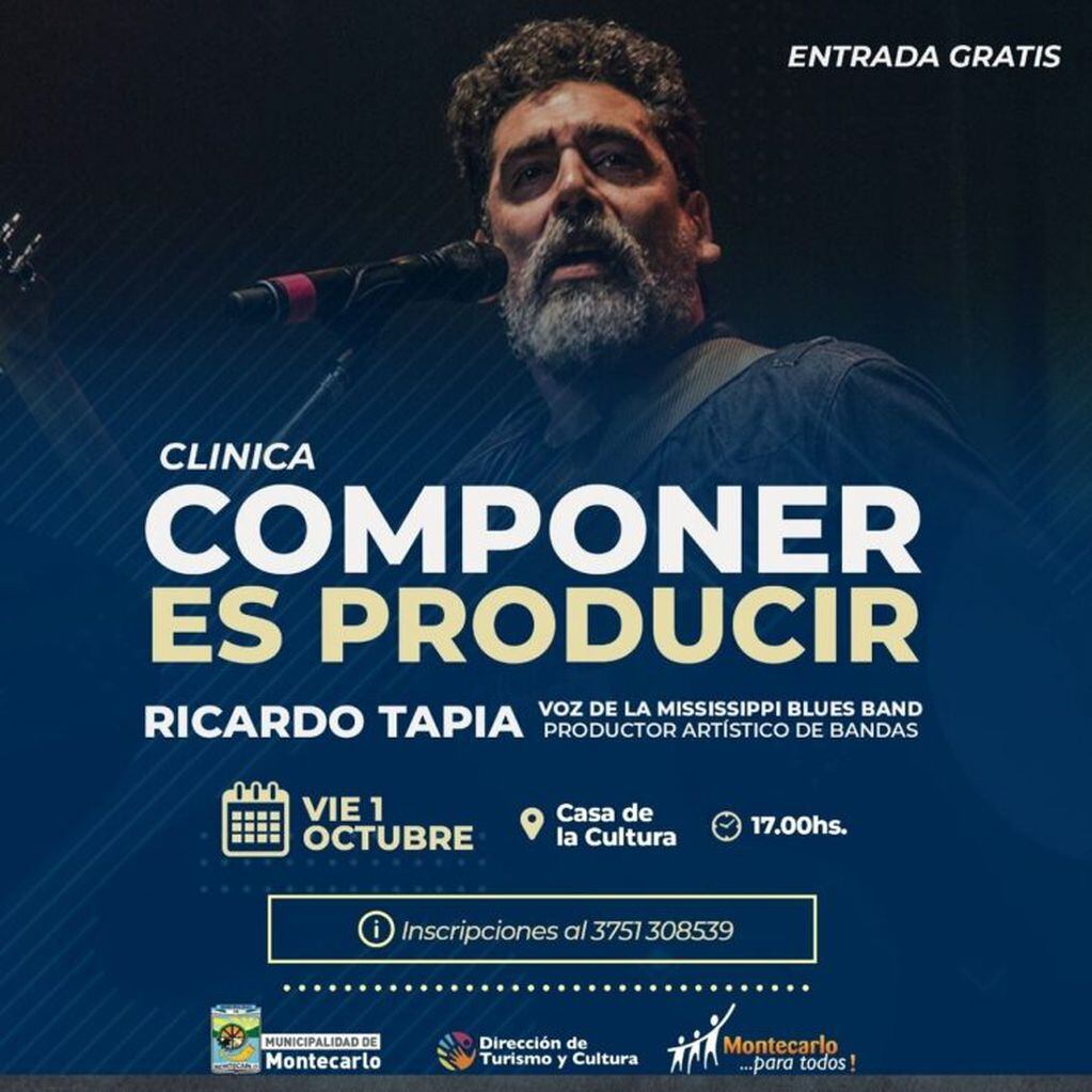 El conocido cantautor Ricardo Tapia dictará una clínica de música en Montecarlo,