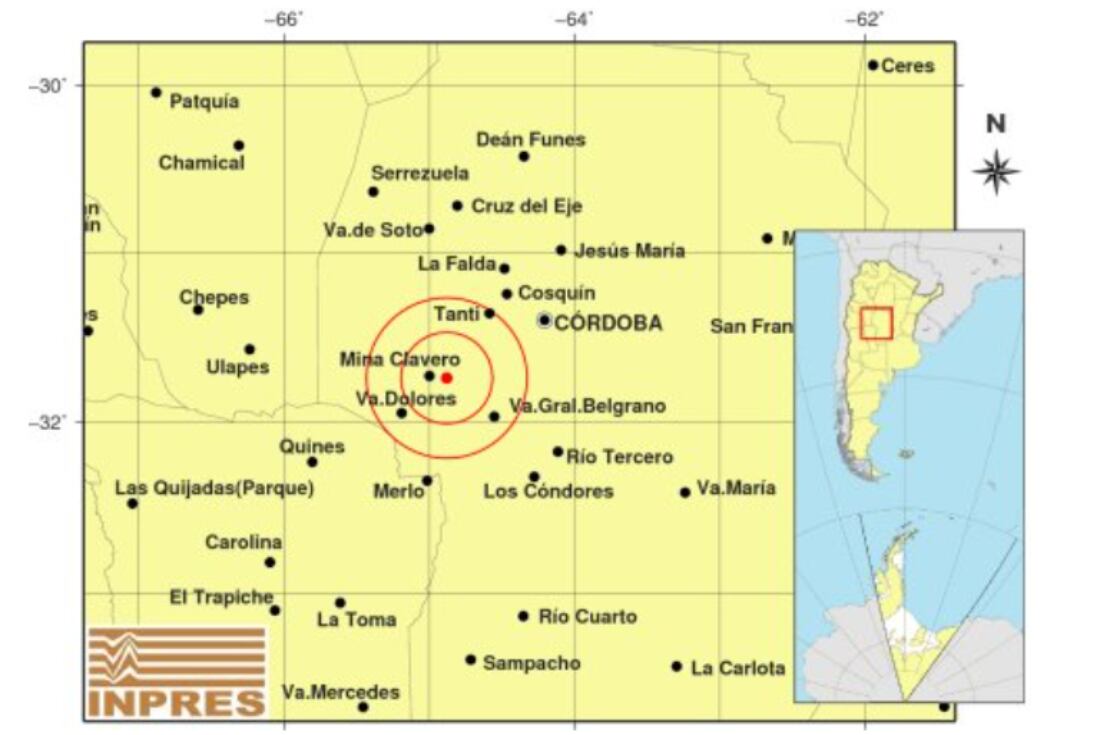 Temblor. Fue a 11 kilómetros de Mina Clavero. (Inpres)