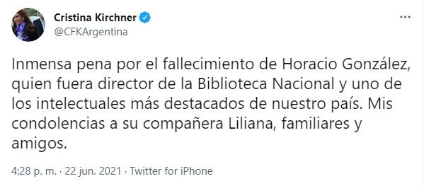 Cristina Kirchner despidió a Horacio González en Twitter. (Twitter: @CFKArgentina)