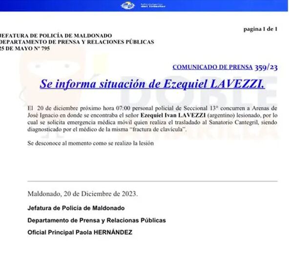 El informe está firmado por una oficial de la Jefatura de Policía de Maldonado.