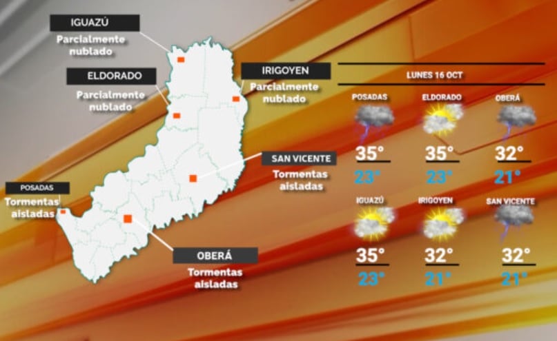 Lunes con tiempo inestable y con probabilidad de tormentas en Misiones.