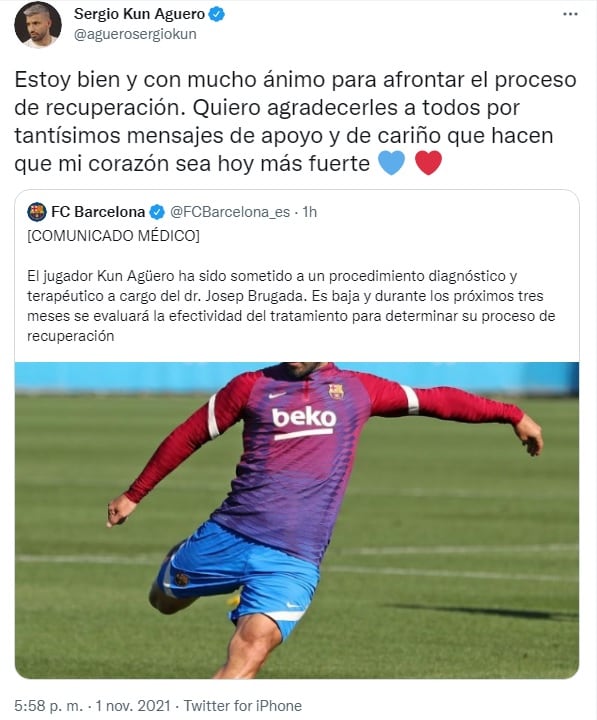 El mensaje de Kun Agüero. (Twitter: @aguerosergiokun)