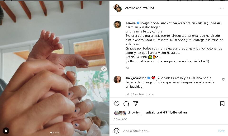 Camilo posteó el nacimiento de su hija Índigo.