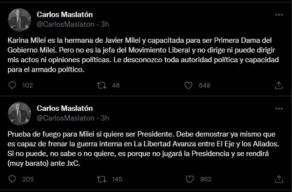 Los tuits de Carlos Maslatón contra la hermana de Javier Milei y uno de sus asesores.