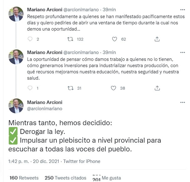 El gobernador de Chubut, Mariano Arcioni, anunció la derogación de la ley minera y un llamado a plebiscito