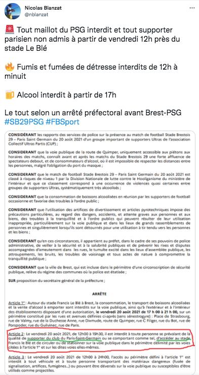 Las medidas restrictivas para el duelo entre el Brest y PSG.