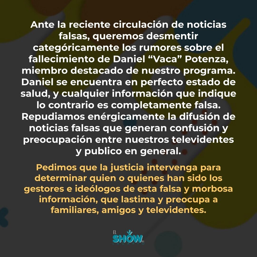 El comunicado tras la difusión de la falsa noticia de la muerte de Daniel "La Vaca" Potenza.