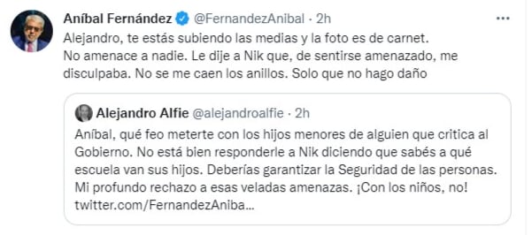 El siguiente tuit donde Aníbal Fernández reitera las disculpas por sus dichos al humorista.