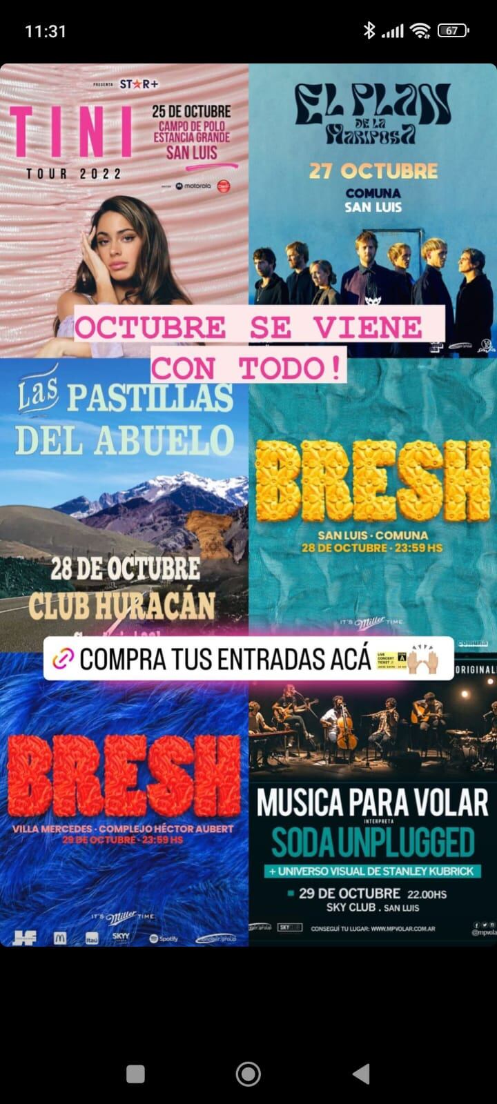 Shows para el mes de octubre en San Luis