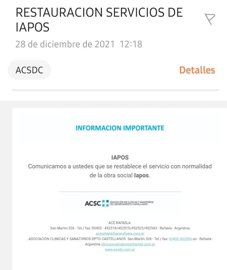 El comunicado que recibieron los prestadores confirmando la normalización del servicio