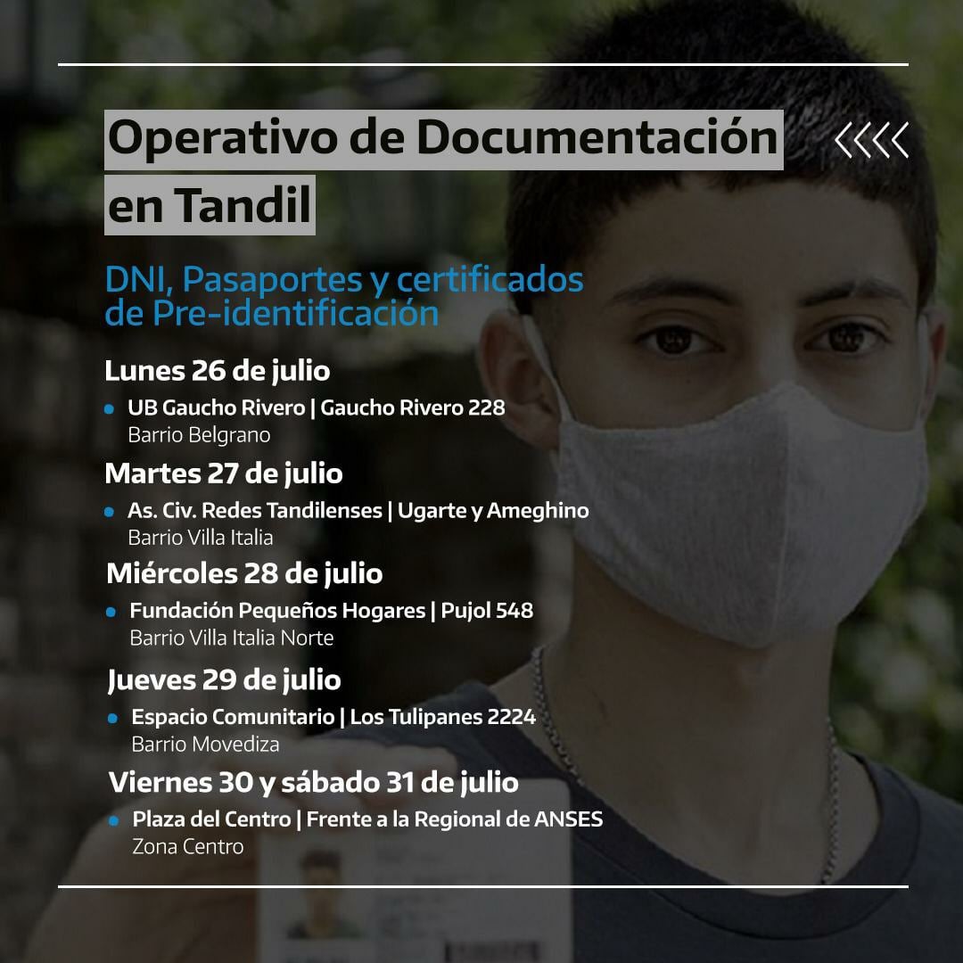 El operativo para hacer el  Documento Nacional de Identidad (DNI), el pasaporte y el certificado de pre-identificación en Tandil será de lunes a sábado de esta semana.