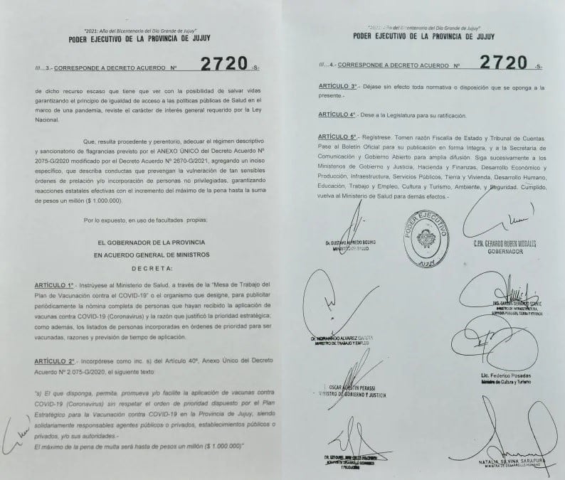 El decreto emitido por el Poder Ejecutivo  de Jujuy disponiendo que se publique la lista de personas vacunadas contra el Covid-19 en la provincia .