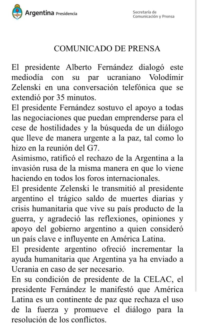 Comunicado de prensa oficial del gobierno