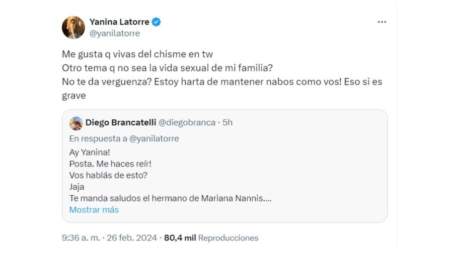 el cruce entre Yanina Latorre y Diego Brancatelli