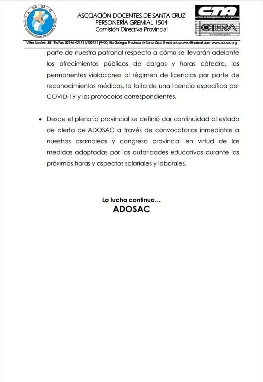 Desde el gremio de los docentes de Santa Cruz expresaron "No están dadas las condiciones para la vuelta de las clases presenciales"