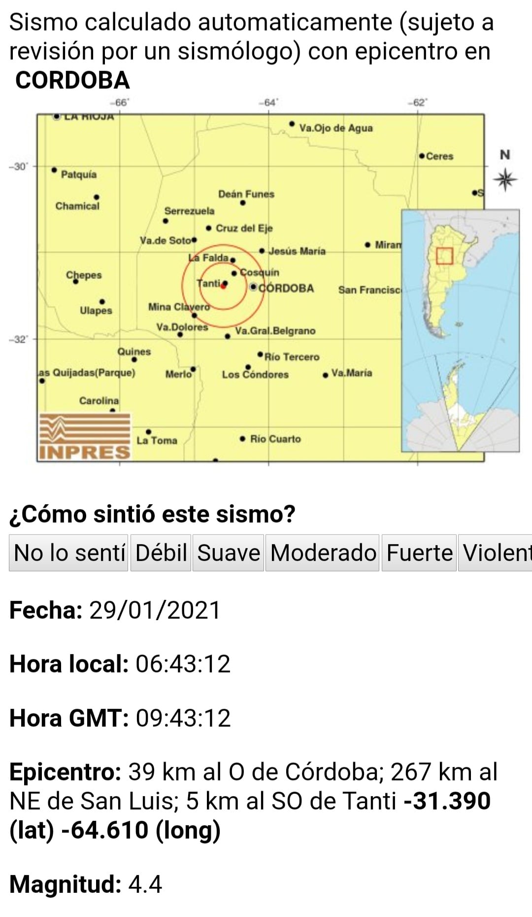 Primeros datos proporcionados por INPRES a minutos del movimiento sísmico.