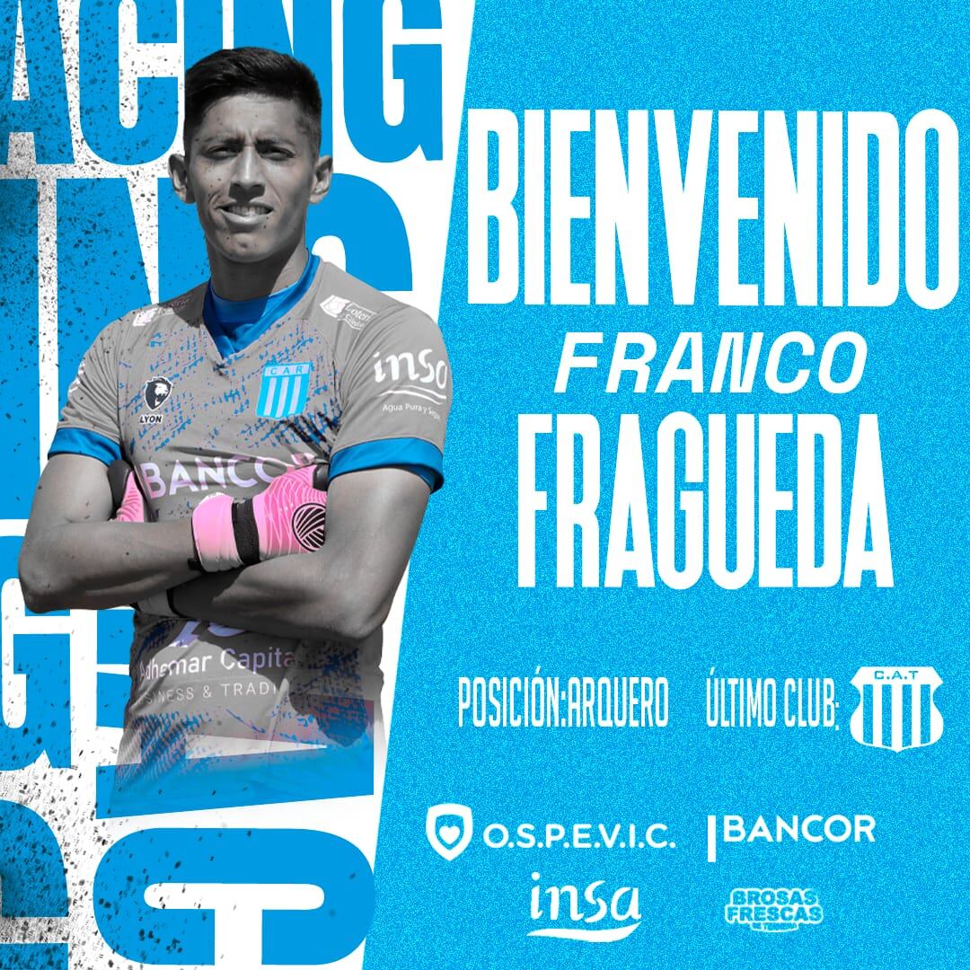 El arquero Franco Fragueda, que llega desde Talleres, fue presentado por Racing de Nueva Italia