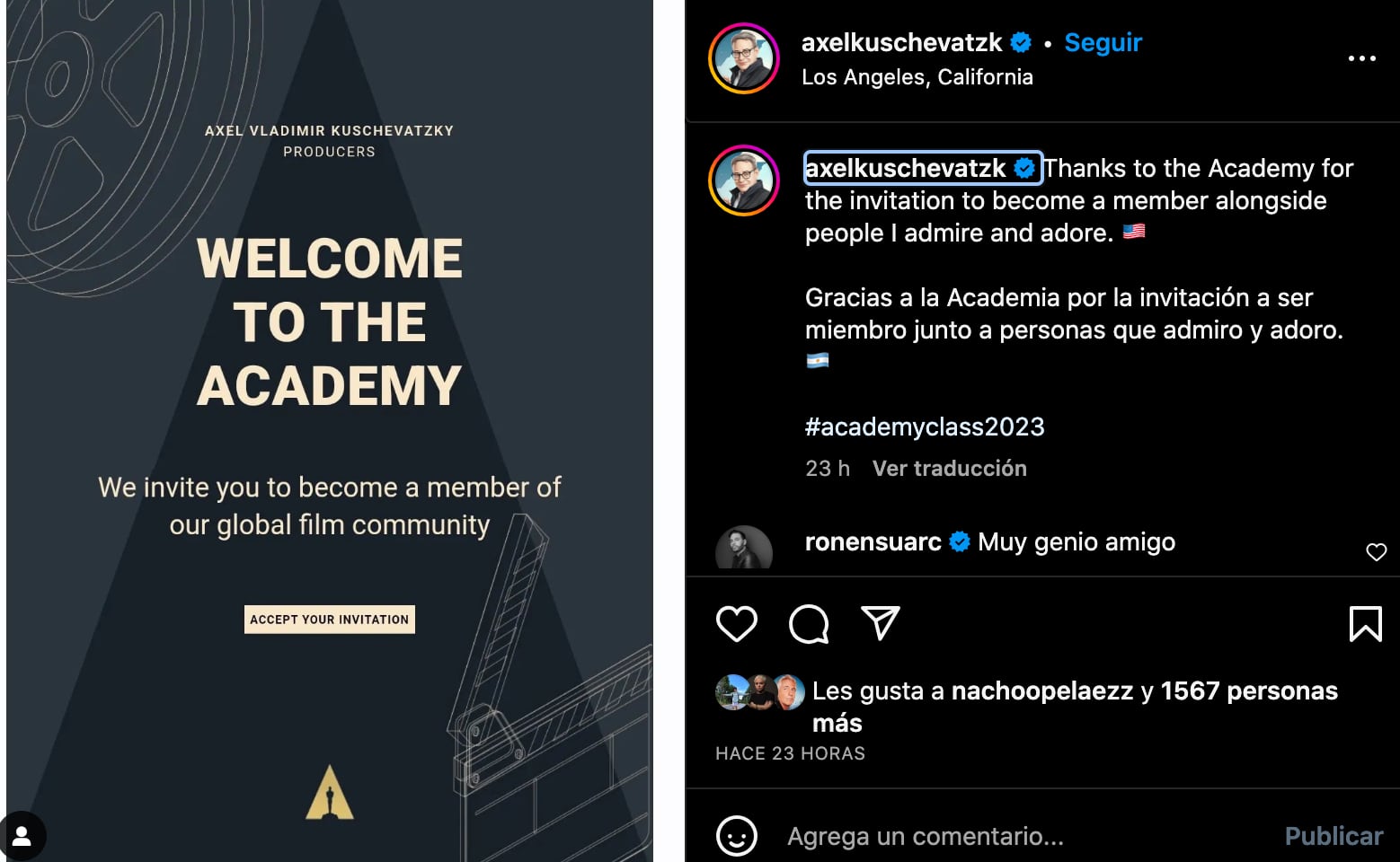 El posteo de Axel Kuschevatzky agradeciendo por la convocatoria de la Academia de Hollywood