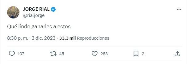 La publicación del periodista tras el partido de River-Belgrano.