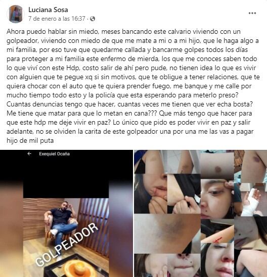 Posteo de Luciana Sosa, denunciando la violencia de género sufrida a causa de Exequiel Ocaña.