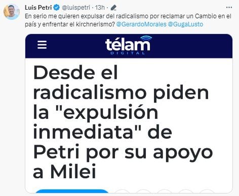 Piden que Luis Petri sea expulsado de la UCR por apoyar a Milei en el balotaje.